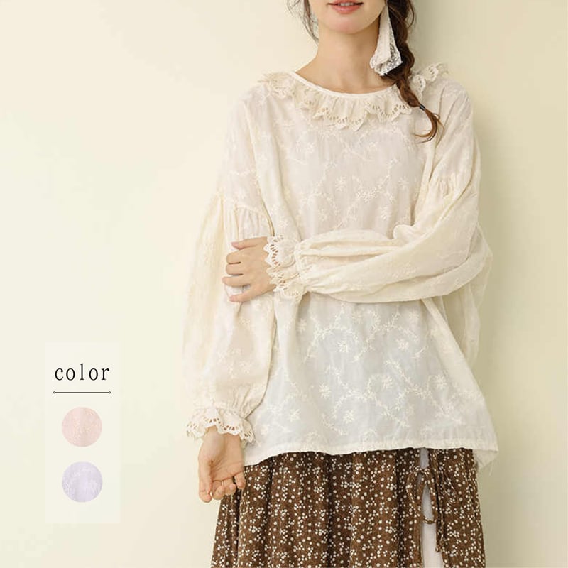 重ね着用刺繍ロータスカラープルオーバーシャツ W1528