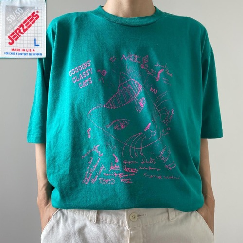 GF710 90s Tシャツ ネコ ねこ イラスト グリーン ビンテージ