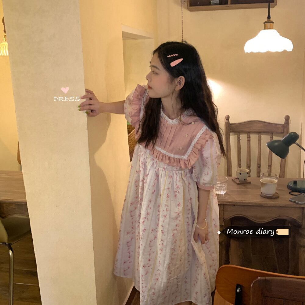 スリーブフローラルドレス サマーハイウェストウェストAラインスカート 大人ガーリー スウィート キュート カジュアル 夏物 花柄 モンロー87668956010