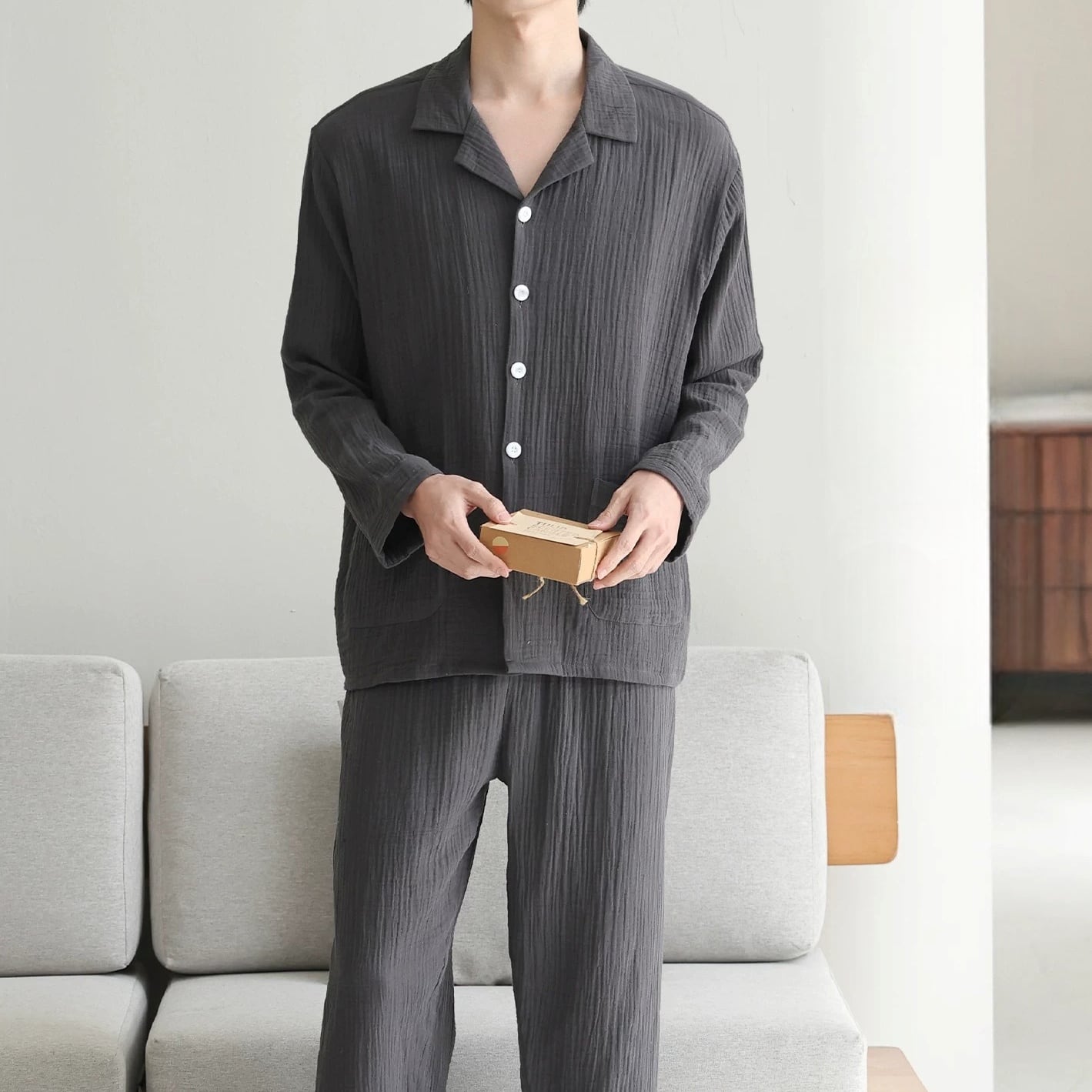 【4COLOR】【L-3XL】men's simple design cardigan style pajamas p1675