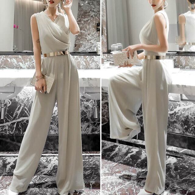 全5色 ベージュ/ブラック/ピンク/ブルー/グリーン S/M/L/XL レディース ジャンプスーツ 結婚式 パーティー ノースリーブ ワイドパンツ カシュクール ベージュ ラメ 光沢