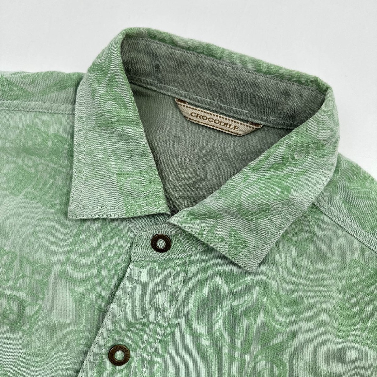 リバーシブル◆Crocodile クロコダイル コットン 半袖シャツ 総柄×無地 サイズ M/くすみグリーン 系/メンズ/紳士 スナップボタン