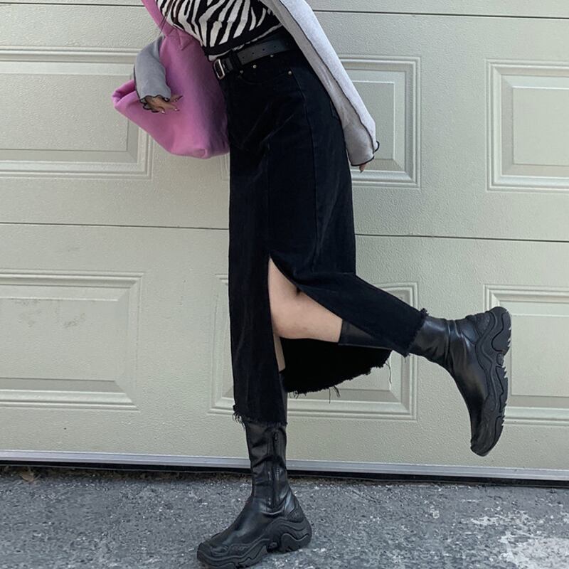 スカート スプリングオータムハイウェストウェストスタンダードスタイルブラックAラインサマー レトロ 春物 夏物 秋物 スーパーモール23450204449