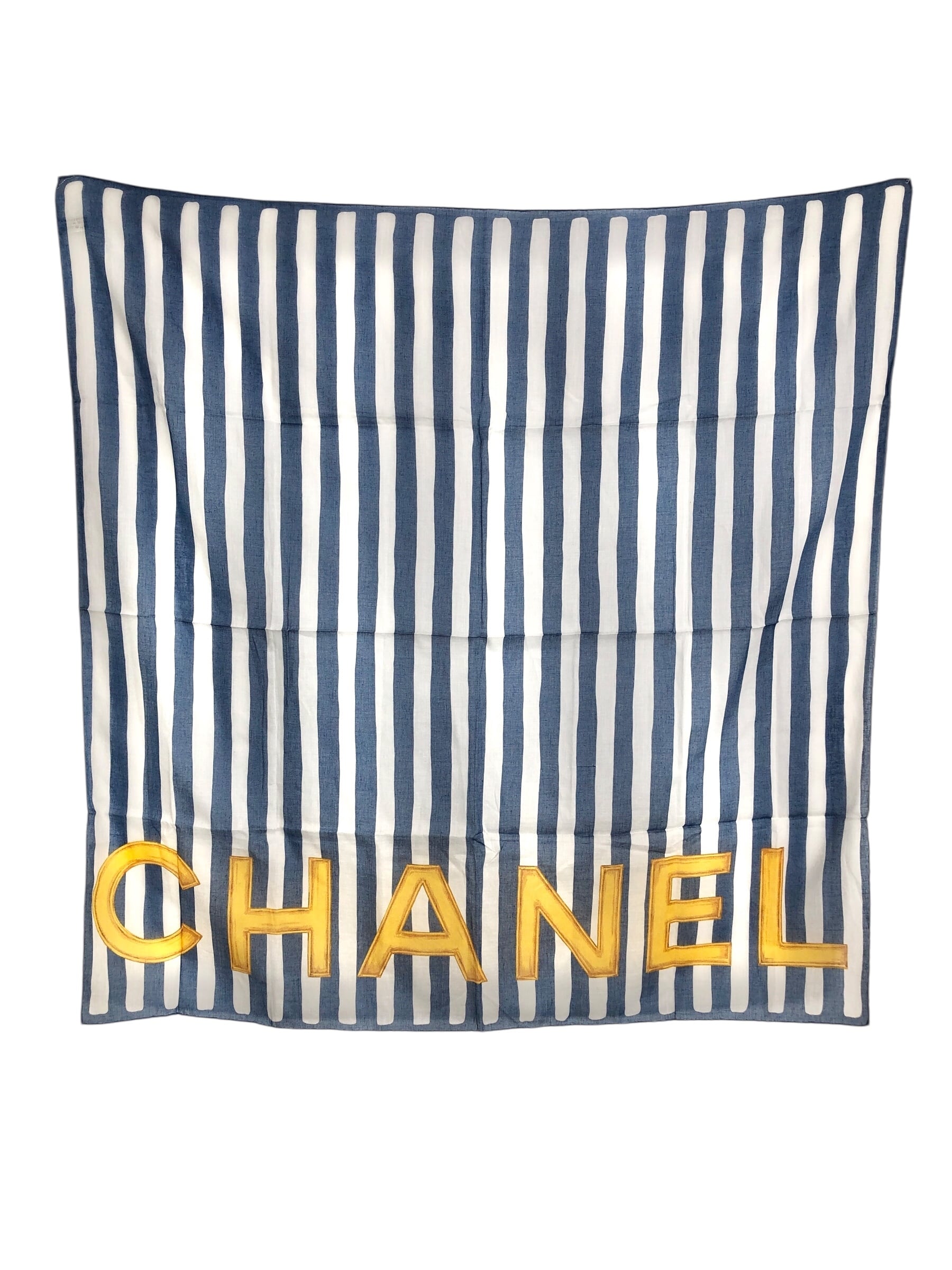CHANEL ネイビー ホワイト チェック スカーフ CHANEL シャネル ロゴ ストライプ スカーフ ブルー ホワイト コットン