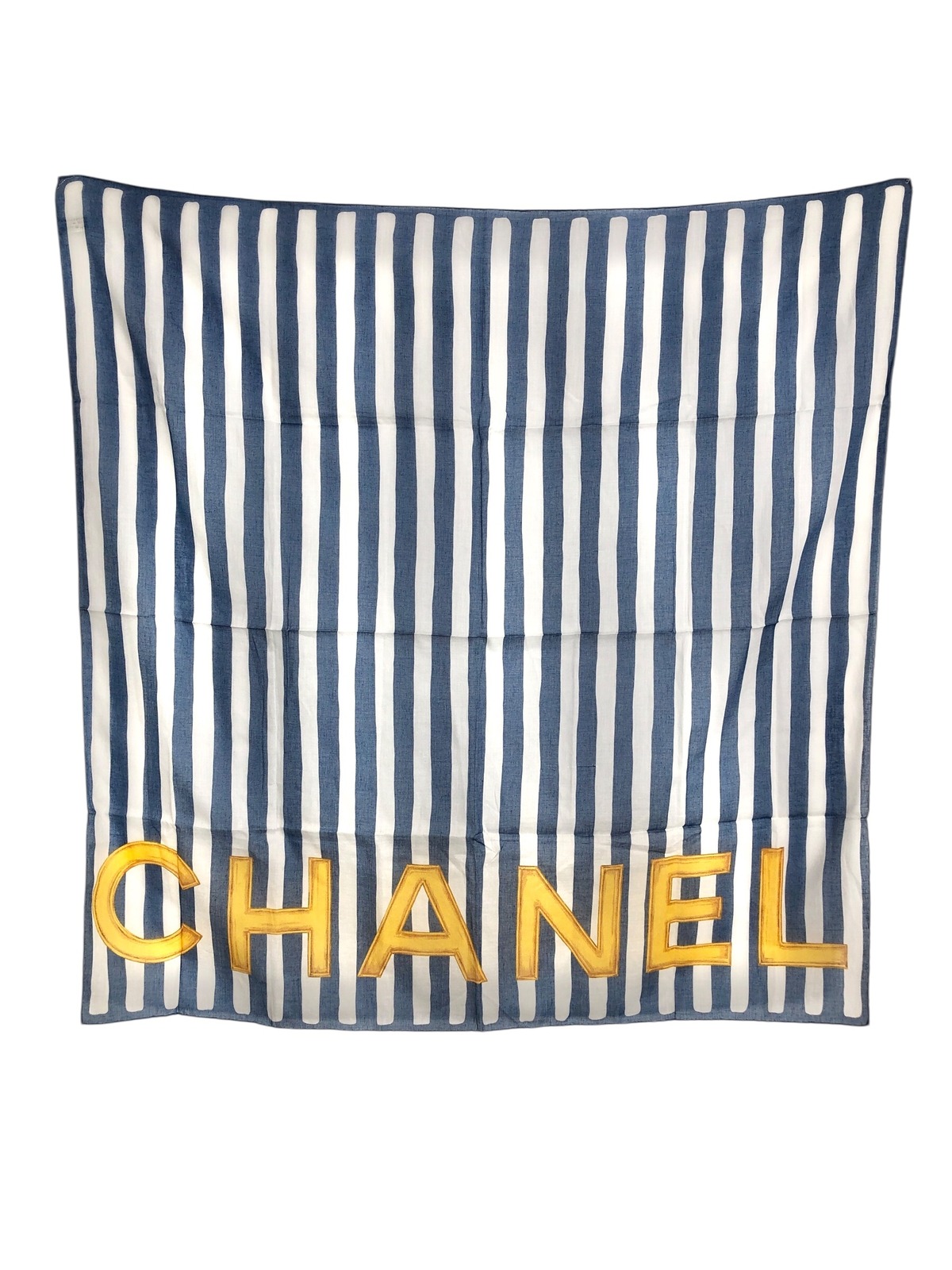 CHANEL シャネル ロゴ ストライプ スカーフ ブルー ホワイト コットン 