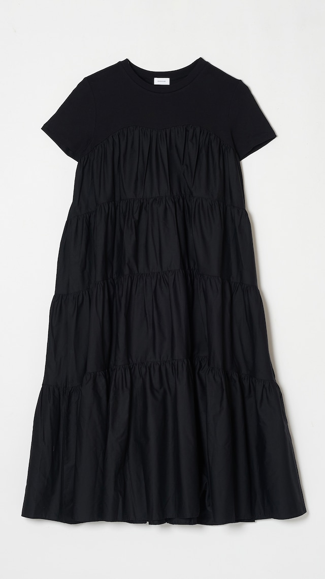 REKISAMI -Short sleeve cotton tiered dress- :BLACK, :GREY