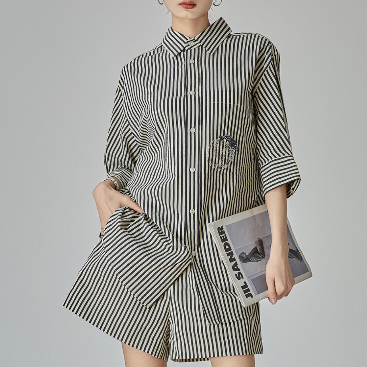 Embroidered design black striped shirt S1000