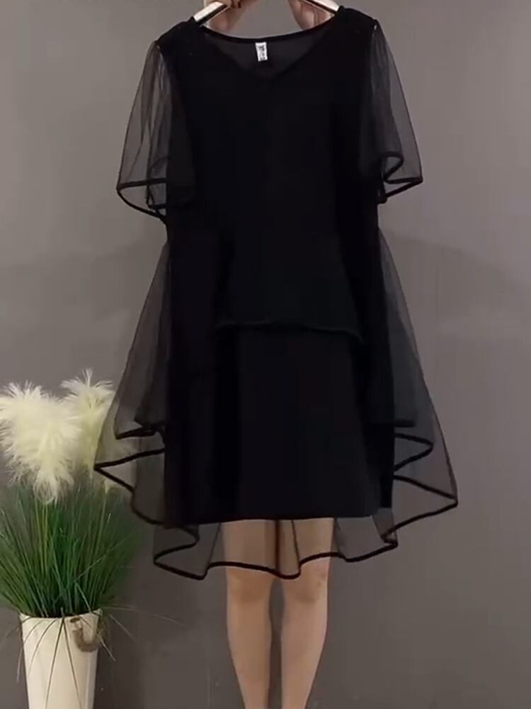 カジュアルサマーラウンドネックメッシュドレス 薄手スカート 大きめサイズ 夏物 Oネック ステッチ ミックスインファッション68065509227