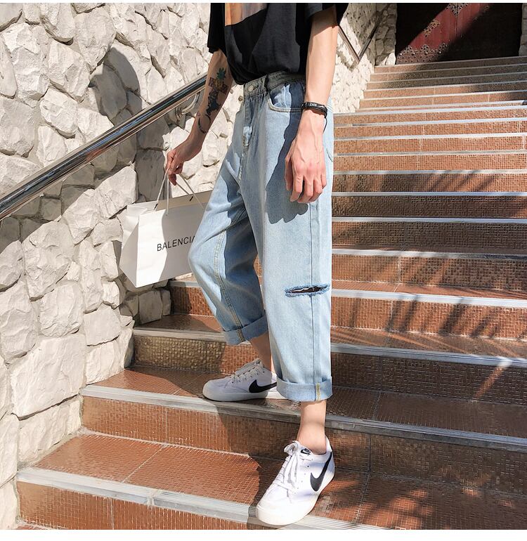 全1色 デニム パンツ ストレート カジュアル ワイド クラッシュ