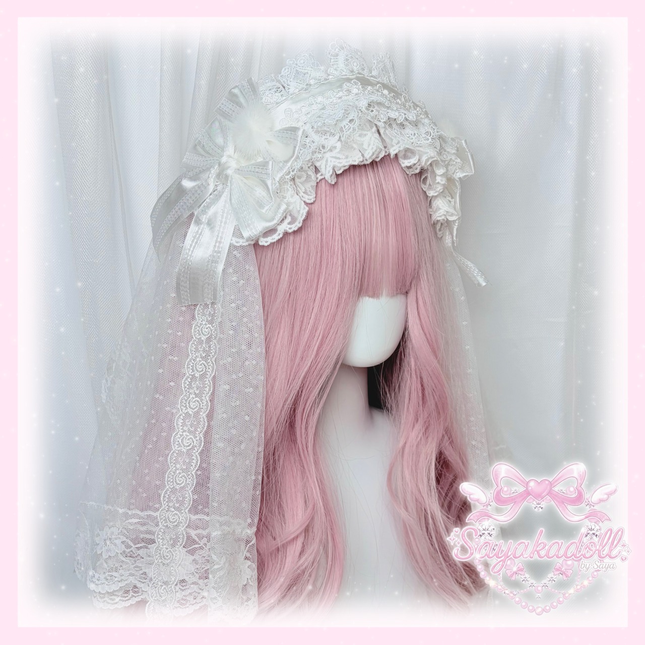 ♡【全5色】ヴェール別売り ぽんぽん付き ダブルリボン フリルレースヘッドドレス red ♡