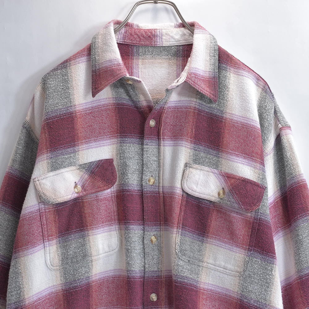 Used オンブレチェック コットン ヘビーフランネルシャツ 長袖 ネルシャツ 総柄 ヴィンテージ 格子柄 シャドーチェック ビンテージ ユーズド 古着 メンズL~相当