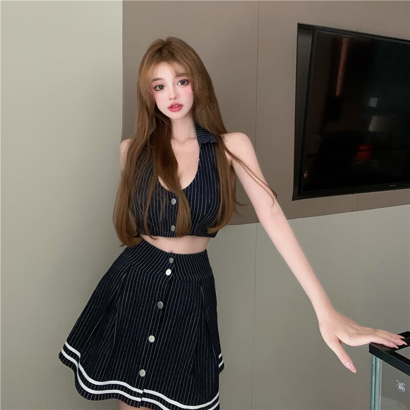 Vネックブラウス ハイウェストウェストプリーツスカート カジュアルサマー 夏物 ドラファッションホール58673535101