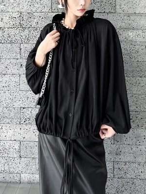 Drawstring frill collar loose top [T2531]