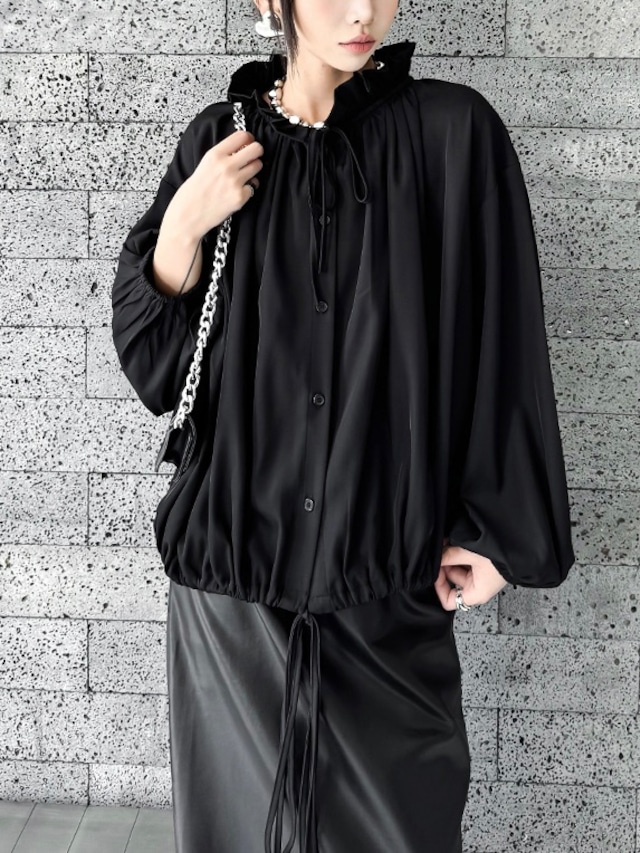 Drawstring frill collar loose top [T2531]