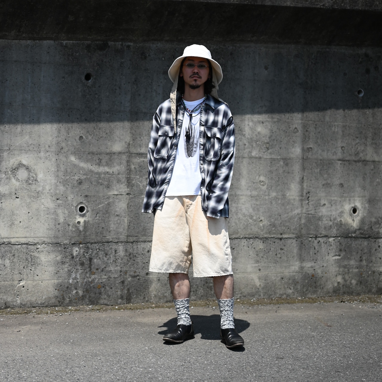 Leh(レー)Embroidery Check Shirts、ANACHRONORM(アナクロノーム) FRONT YORK DENIM SHORTS、春夏ストーリートstyle