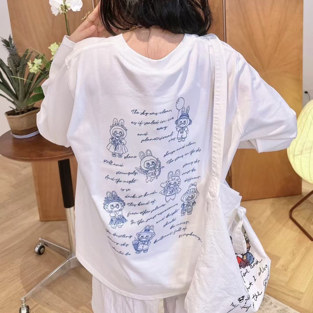 Pandawarks×LABUBU「キューピッドラブブ」長袖Tシャツ シンプル刺繍パーカー|全面レタリング・線画刺繍 高級綿素材 可愛いデザイン ふんわり肌触り