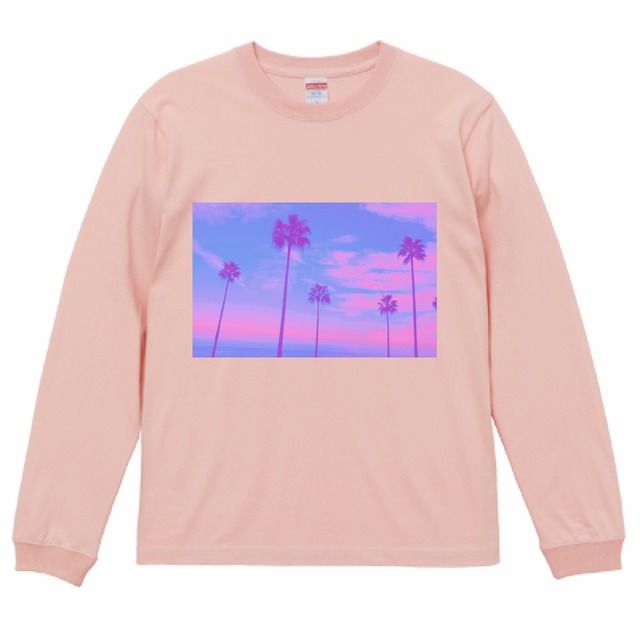 Tシャツ メンズ レディース長袖 ピンク ビーチ 海   sea ヤシの木 ロングTシャツ
