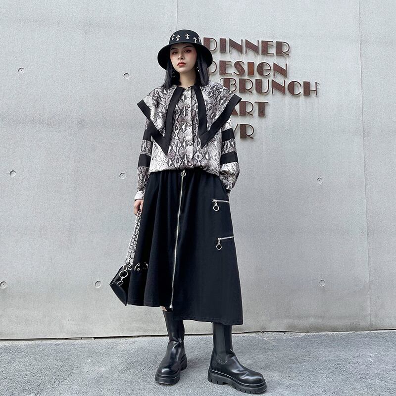 スネークプリント柄シャツ スタンダードルーズカラートップス ロング レトロ ラブタオタオダレンハウス38233599481