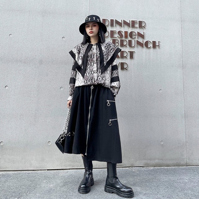 スネークプリント柄シャツ スタンダードルーズカラートップス ロング レトロ ラブタオタオダレンハウス38233599481