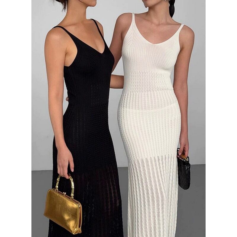 v-neck slim fit knit suspender dress W00390