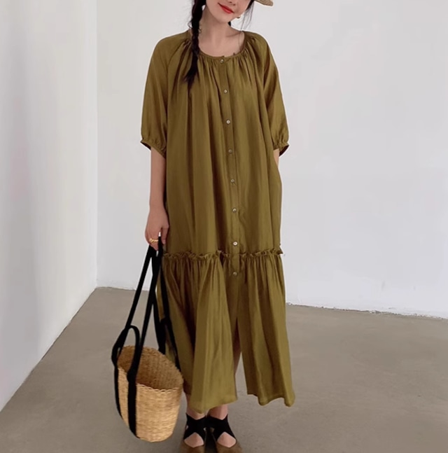 shirring ruched open front dress【2024012606】