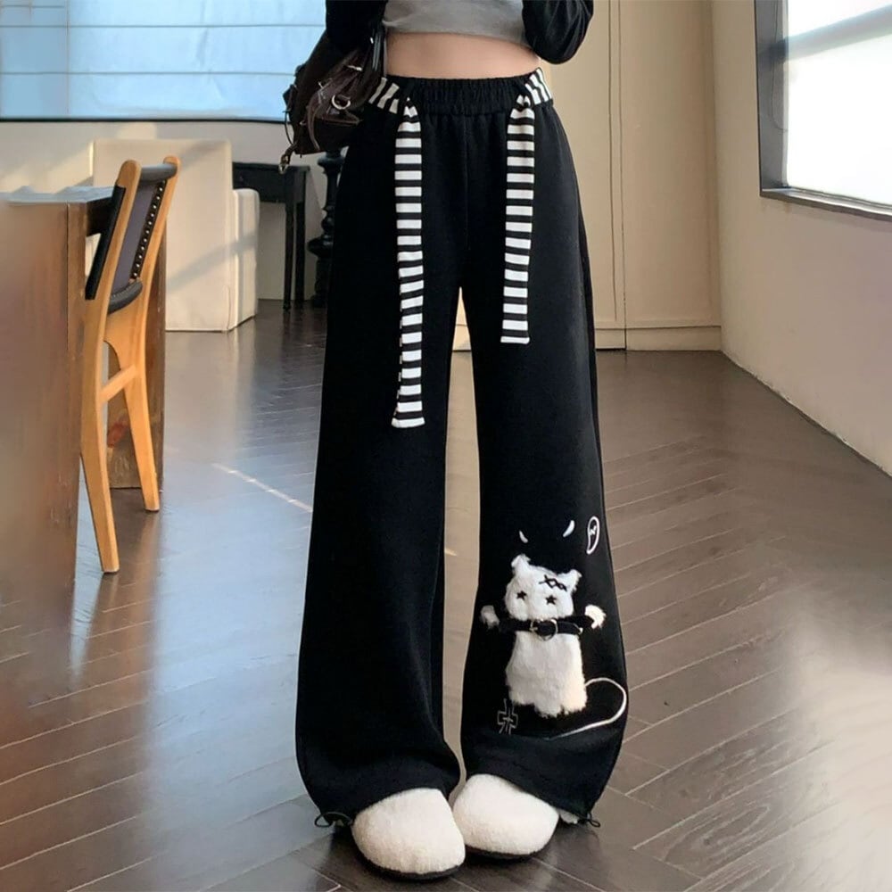 【送料無料】 ワイドパンツ 猫柄 スウェット レディース 春夏秋 韓国 ダンス衣装 スポーツ 大人 カジュアル かわいい ストリート ハイウエスト リラックス アメカジ ゆったり おしゃれ 大人可愛い 大人女子