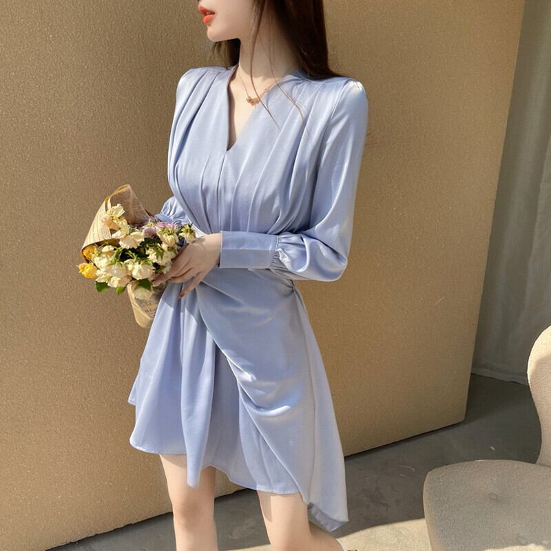 スタンダードVネックウェストドレス オータムスタイルショートスカート 薄手 レトロ 秋物 ガールズファッション40425915187