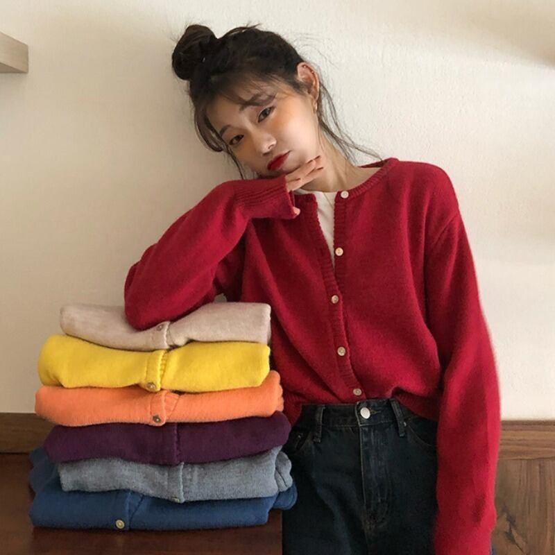 スプリングニットカーディガンショートスリムカラーセーター トップス レディース ロング 春物 ピュア YY-ファッション54875038089