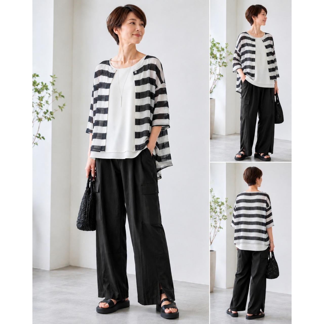 擬麻ボーダー柄オーバーカーデ【262-2258】Faux linen striped overcardigan