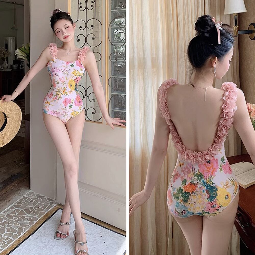 水着 花柄花びらストラップワンピース ワンピース水着 Uバック パット