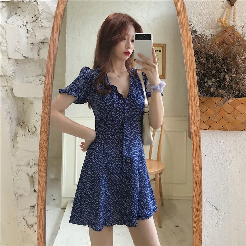 レトロフレンチバブル半袖Vネックワンピース 1号婦人40700669553