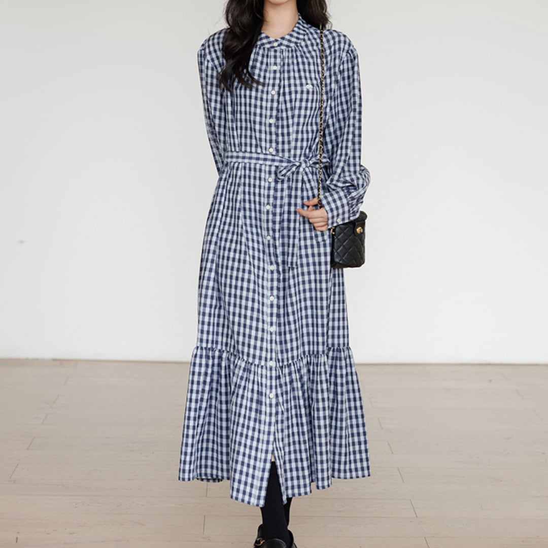 stand collar fall checkered long sleeved dress
