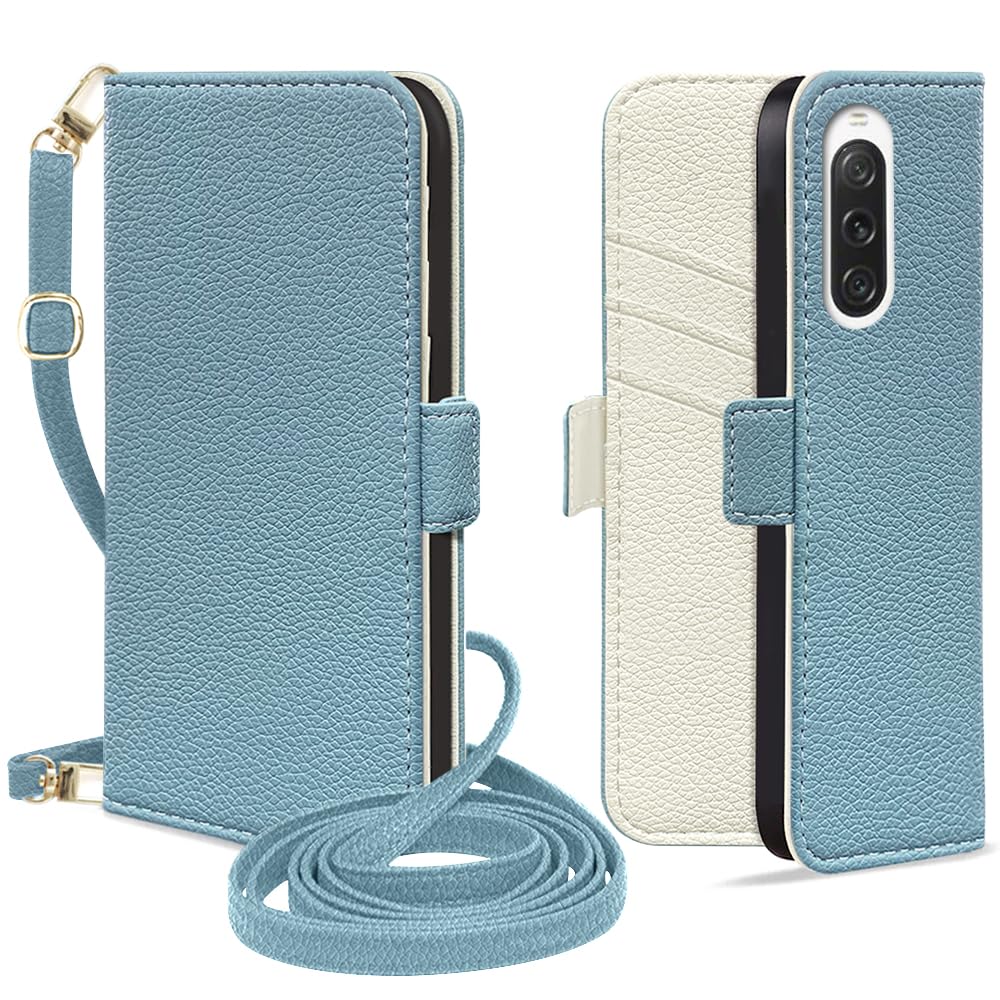 MAGICASE for Xperia 10v ケース 手帳型 エクスペリア 10 V ケース 手帳型 ショルダー SO-52D/SOG11 ケース 手帳型 おしゃれ xperia 10v スマホケース 可愛い 高級PUレザー 軽量 耐衝撃 全面保護 放熱性 xperia10vケースカバー カード収納 スタンド機能 マグネット式 シンプル 人気 大人 6.1 inch対応(ブルー メ アイボリー)