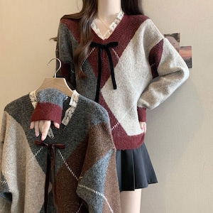 【送料無料】 ダイヤ柄 ニット セーター 長袖 Vネック レディース 春秋冬 韓国 大人 かわいい リボン付き レースネック おしゃれ きれいめ レトロ ゆったり リラックス 大人可愛い 大人女子