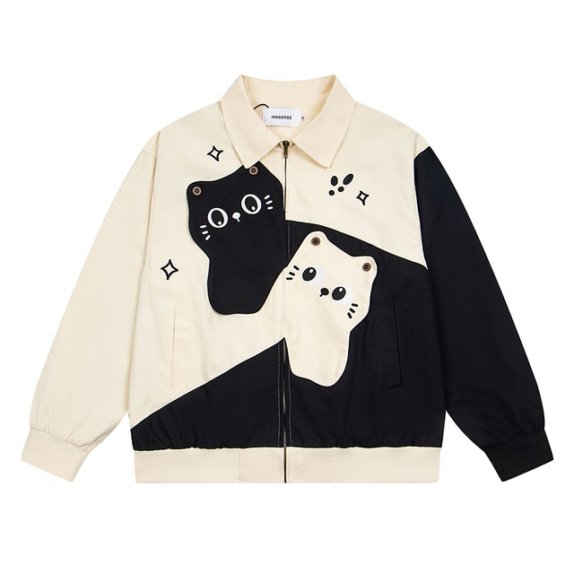【UATONLINEシリーズ】★ジャケット★ ユニセックス レトロ アウター 配色 猫 ねこ ネコ カジュアル