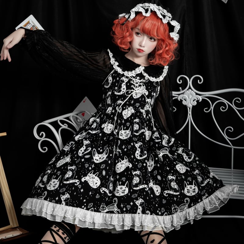 SEASONZ ゴスロリ ワンピ ロリィタ 猫ちゃん柄 コスモス 宇宙 レース