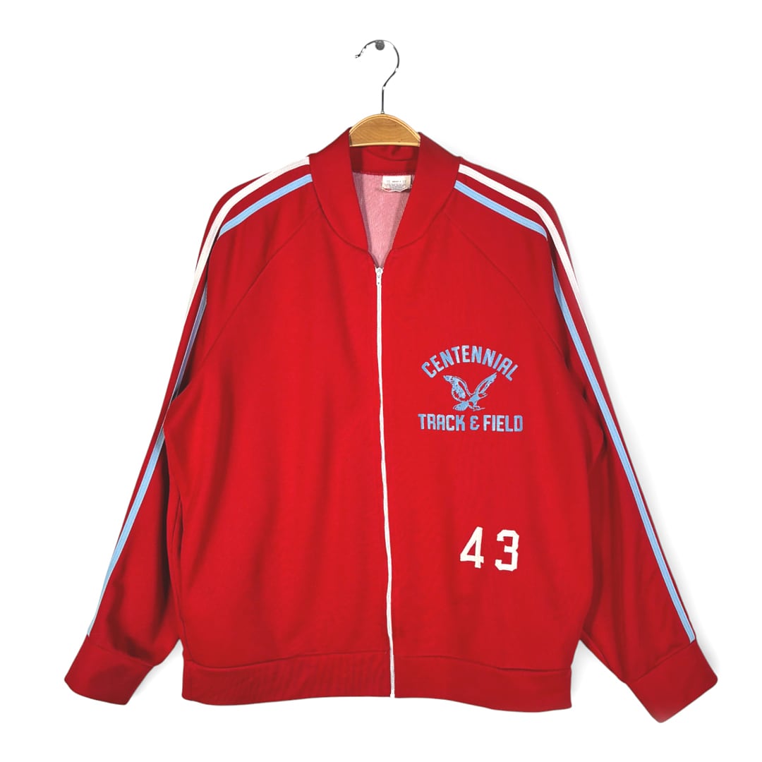 70s BRODERICK USA製 ヴィンテージ トラックジャケット ジャージ カレッジ ナンバリング 刺繍 レッド サイズL相当 古着 DZ0783