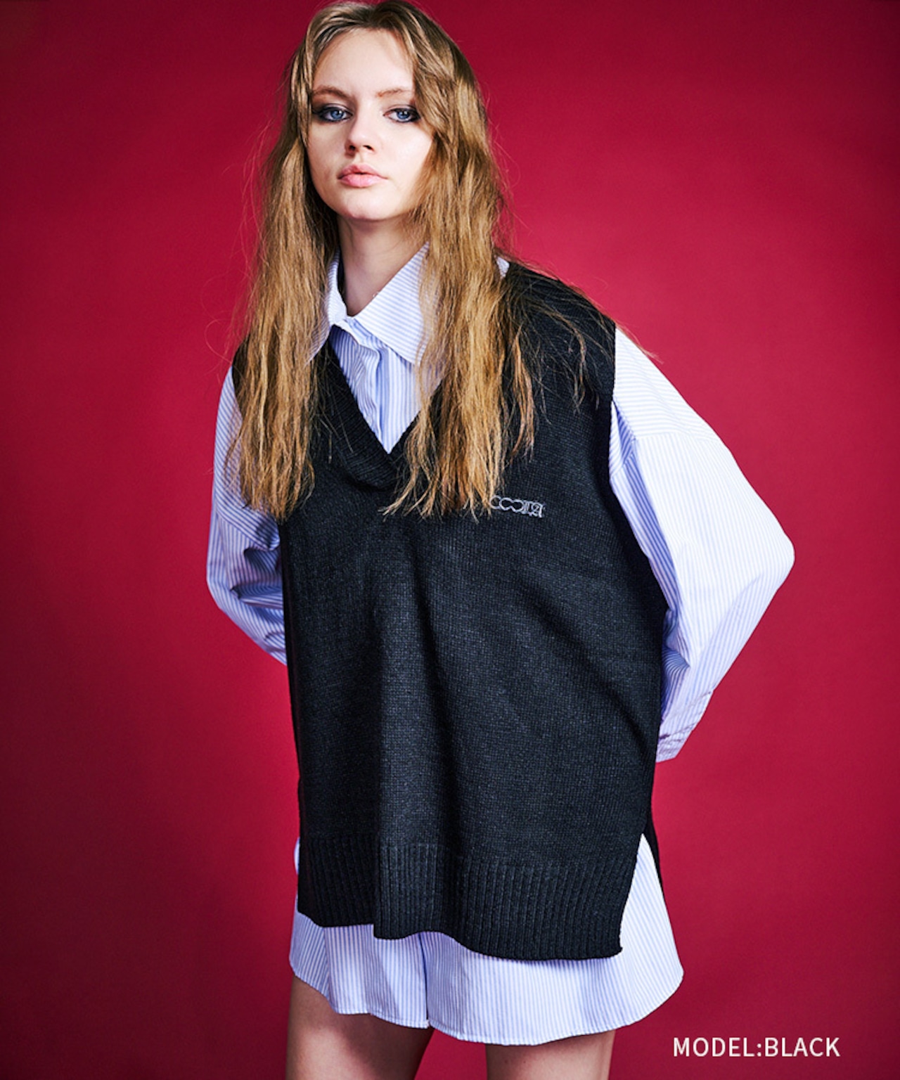 バックペイントオーバーサイズニットベスト (BLACK) CQ-47035