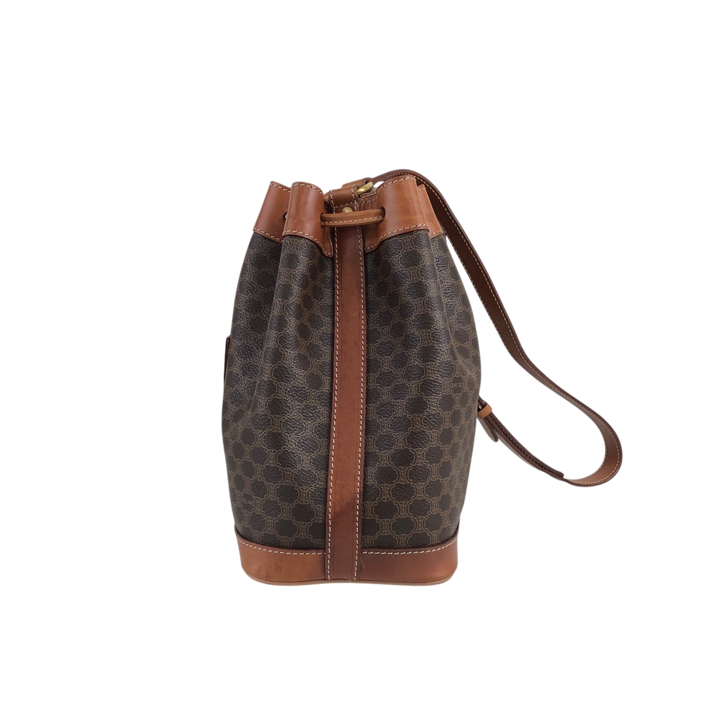 K奈278/ CELINE マカダム 巾着型 ショルダーバッグ PVC レザー CELINE セリーヌ マカダム柄 PVC/レザー 巾着ショルダーバッグ