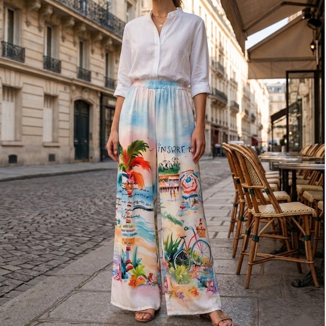 リゾートプリント ワイドパンツ レディース ウエストゴム ゆったり 体型カバー カラフル 旅行コーデ セットアップ対応 春夏 大人カジュアル