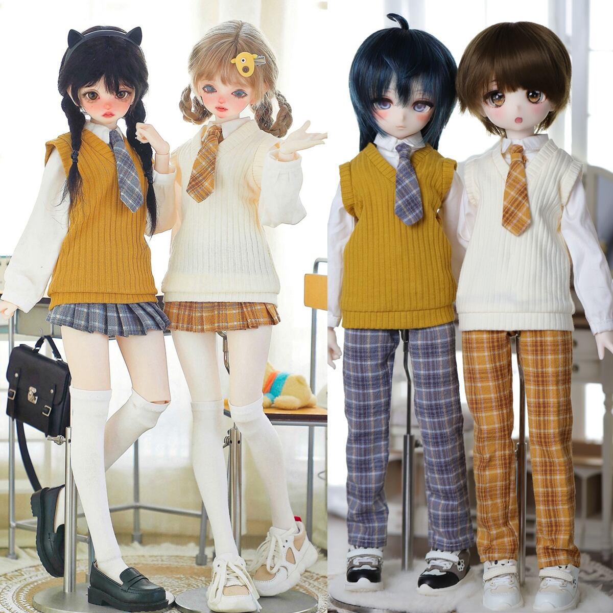 カスタムドール衣装 1/4 シャツ ベスト ネクタイ スカート パンツ ソックス 男の子 女の子