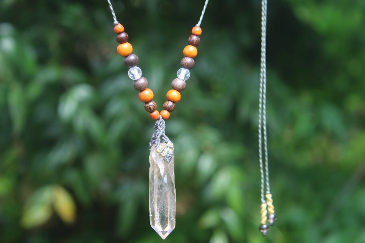 Himalayan crystal micro macrame wood pendant