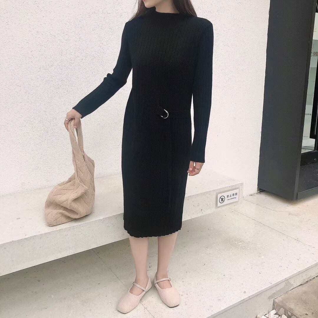 ベルトアクセント　リブプリーツ ニットワンピース　AJ1050-D009