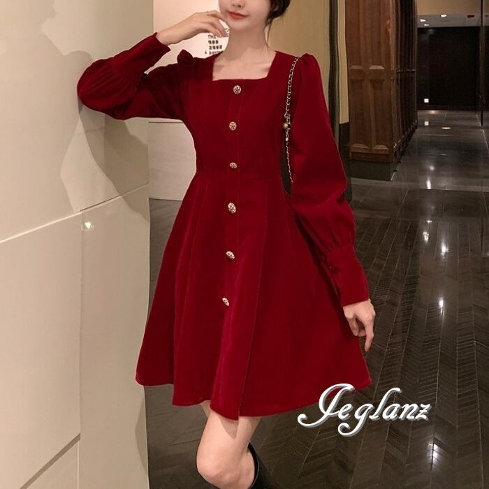 2色 ベルベット調 ワンピース ドレス ボタン クラシカル 光沢感(MB046)π