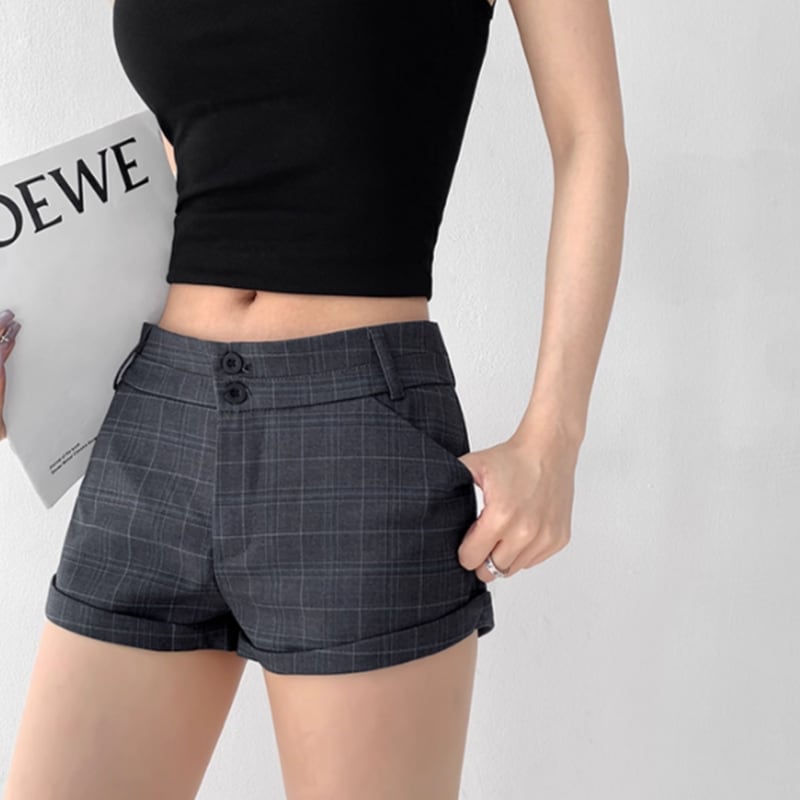 twill material check pattern high waist roll-up shorts la1981