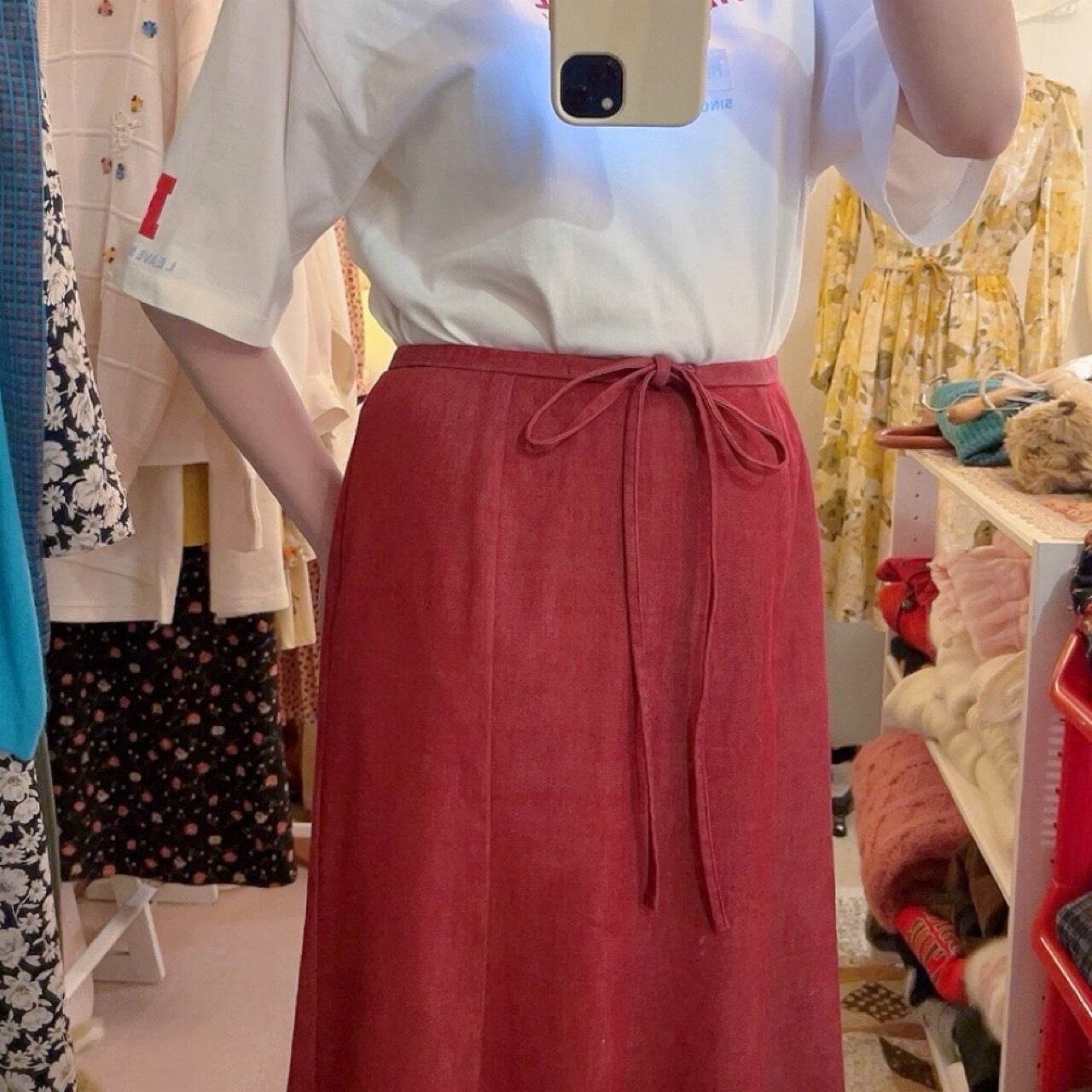 red denim seams flare skirt