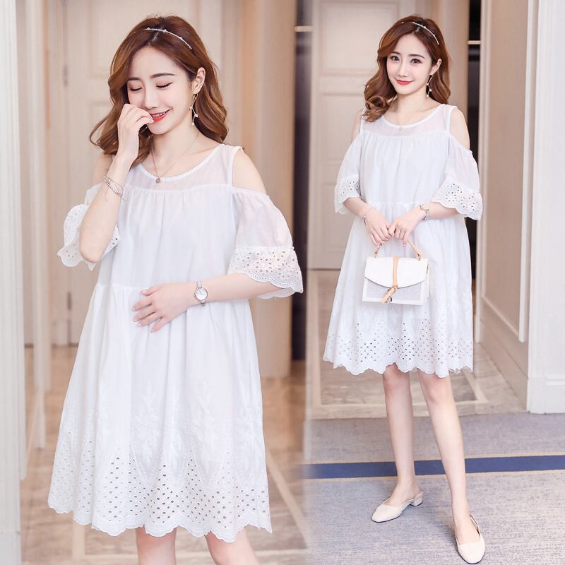 【新作】【送料無料】 マタニティ服中空肩無地ラウンドカラー中空アウト夏ゆったりとしたスタイリッシュなドレス妊婦ママドレス サマー 夏物 ソリッドカラー AL expec3395541978