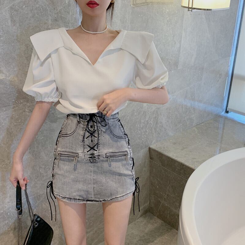 スタンダードスリーブホワイトシフォンシャツ サマーショートスタイルトップス レトロ 大人ガーリー スウィート キュート カジュアル 夏物 ガールズファッション7680828974