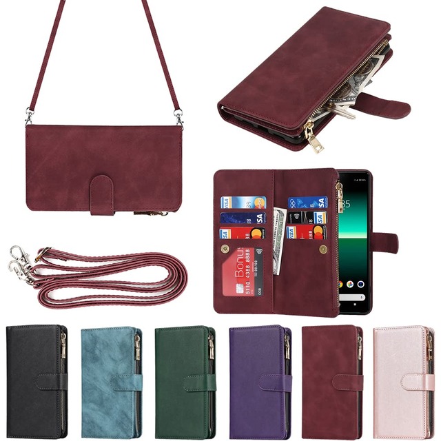 Eastwave for Xperia 10 II ケース ソニー for Sony エクスペリア 10II SO-41A 縄掛けケース 手帳型 財布型 ICカード コインポケット ストラップ付き カード 収納 小銭入れ ファスナーポケット付き PUレザー 6色 レッド