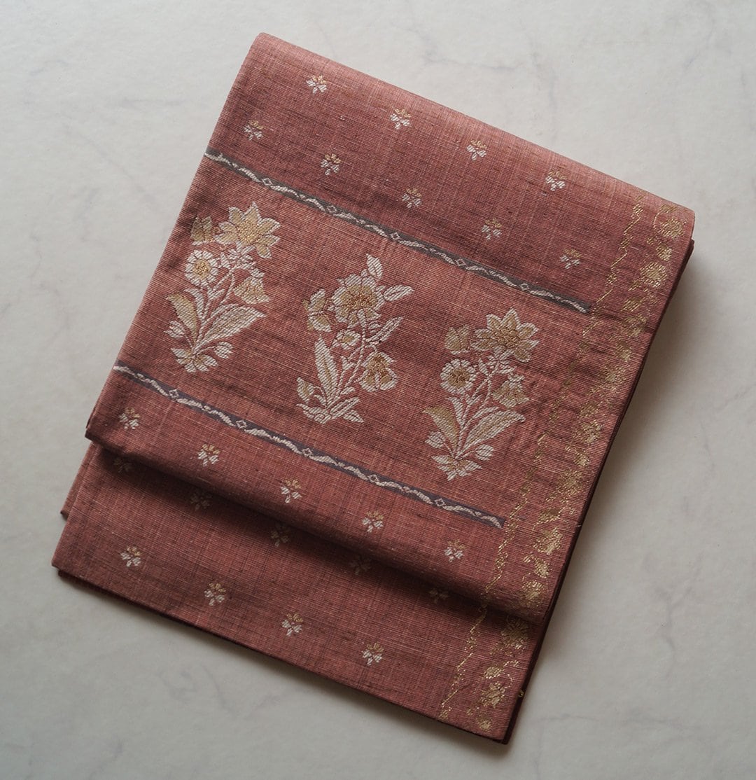 【ふくろ帯】銀朱色系 更紗文 ふくろ帯 リバーシブル